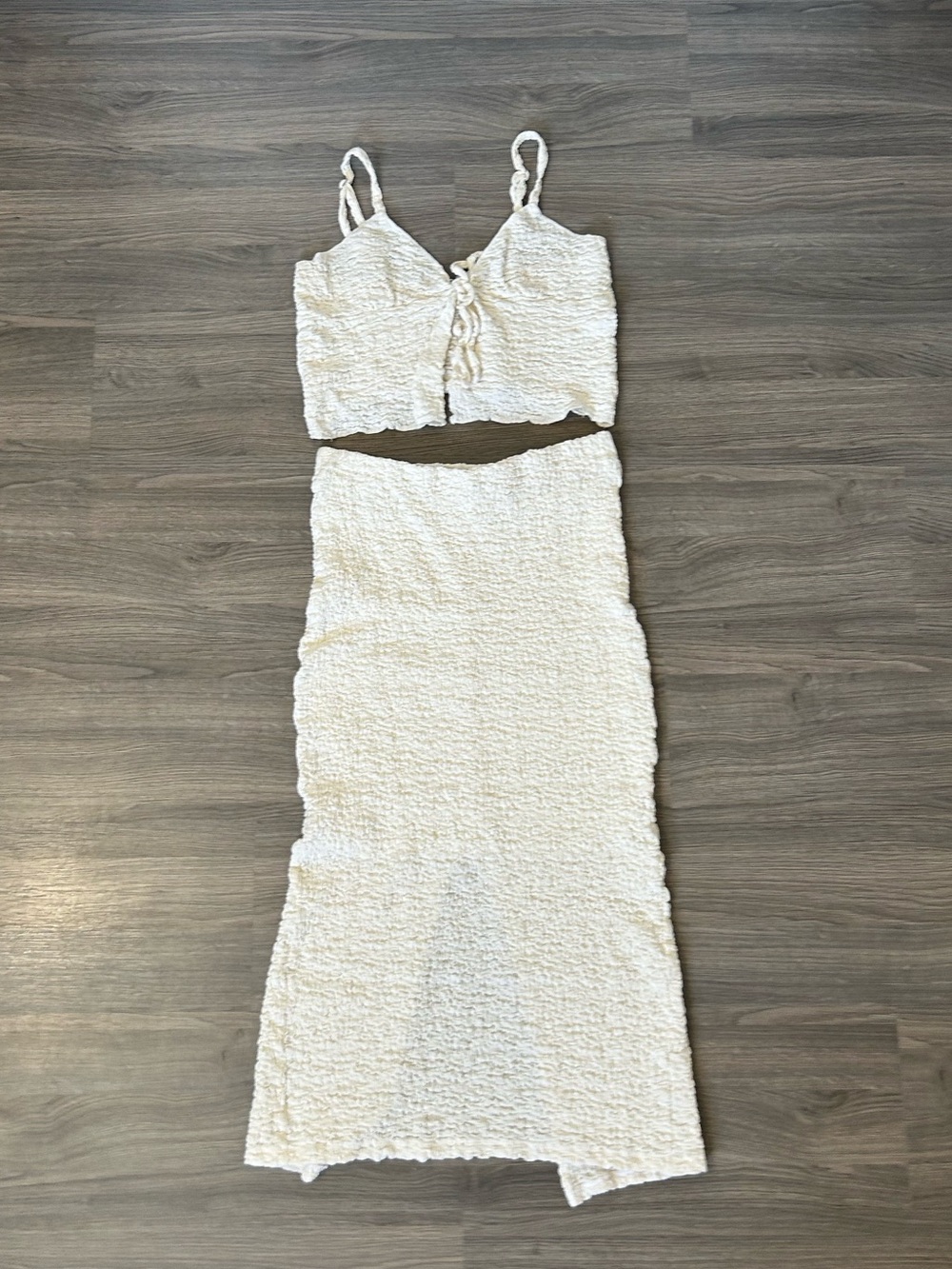 Cream Off White Textured Matching Skirt Set With Tie Tank Top Summer Outfit